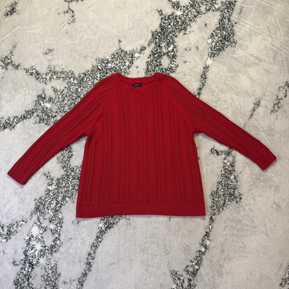 Lands End Sweater Womens Size 3X Red Cable Knit Fisherman Cotton Neckline